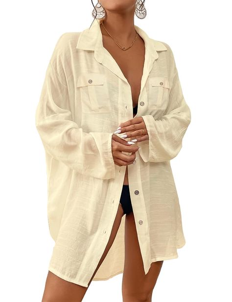 PRICES MAY VARY. The cover up shirt one size(inch): Bust:47" Waist:48.8" Length:36.2" Turn down collar swimsuit coverup shirt for women, different from the old style, without retaining drawstring on the side Leisure comfortable loose fit and cool tunic style, stand out in the beach pool party, Hawaii vacation Made of soft lightweight and stretchy line fabric, comfortable to wear on hot days Can be served as a summer shirt dress, fall clothes, beach cover up, sun shirt, etc Feature:  Material: 65 Shirt Dress Fall, Clothes Beach, Strand Pool, Shirt Dress Summer, Sun Shirt, Shirt Blouses Tops, Blouse Tops, Beach Shirt, Tunic Styles