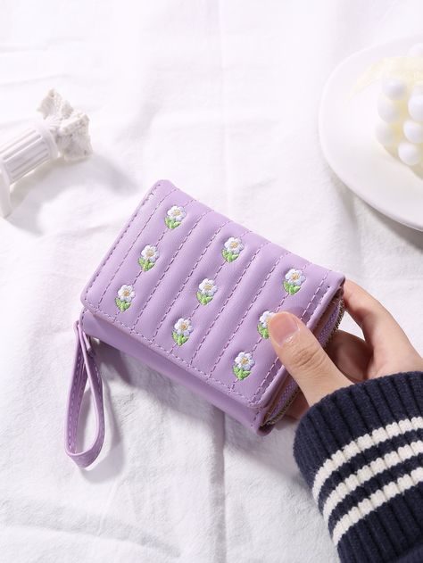 Multicolor Preppy Collar  PU Leather Plants Small Wallet Embellished   Wallets & Cardholders Korean Wallet, Wallet Inspiration, Cute Wallets, Dream School, Embroidery Materials, Style Preppy, Short Wallet, Slim Wallet, Leather Style