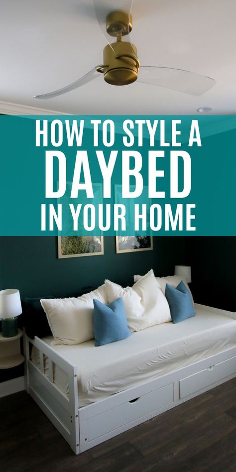 Daybed With Sconces, How To Dress Up A Daybed, Daybed Decorating Ideas Guest Room, Daybed Sheets Ideas, Guest Bedroom Ideas Daybed Trundle Beds, How To Style A Daybed Guest Room, Pillows On Daybed, Day Bed Decorating Ideas Daybeds, Day Bed Pillow Arrangement Daybed Ideas