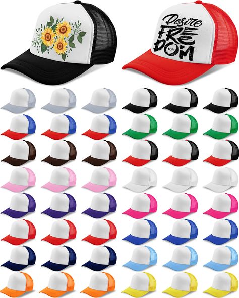 PRICES MAY VARY. Large Quantity with 16 Colors: the package will include 48 pieces of sublimation hats with 16 different colors, 3 pieces for each color; These various colors are displayed in pictures, such as black, red, purple, etc.; Multi colored sublimation blank caps with enormous quantity can meet your daily or group needs for wearing DIY Your Own Trucker Caps: these bulk blank trucker hats are blank on the front, you can DIY your favorite pictures or texts on the blank space by screen pri Trucker Hat Bar, Sublimation Hats, Printing Painting, Sublimation Crafts, Hat Bar, Custom Trucker Hats, Mens Trucker Hat, Women Embroidery, Hat Party