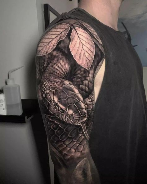 Snake Jungle Tattoo, Cobra Arm Tattoo, Realism Snake Tattoo, Snake Tattoo Shoulder, Snake Tattoo Men, Snake Tattoo Sleeve, Snake Shoulder Tattoo, Snake Sleeve Tattoo, Snake Tattoo Ideas