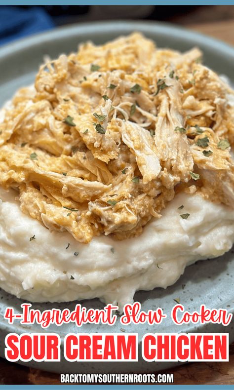 Discover the easiest 4-ingredient slow cooker sour cream chicken recipe! 🍗 Just toss everything in your crockpot, and let it do the work for a creamy, delicious dinner. The Crock Pot chicken recipe is perfect for busy weeknights! #CrockpotRecipe #EasyDinners #SlowCookerMagic #Yum Crock Pot Chicken Recipe, Recipes Using Sour Cream, Cream Chicken Recipes, Slow Cooker Chicken Casserole, Shredded Chicken Crockpot, Yogurt Chicken, Cream Chicken, Sour Cream Chicken, Sour Cream Sauce