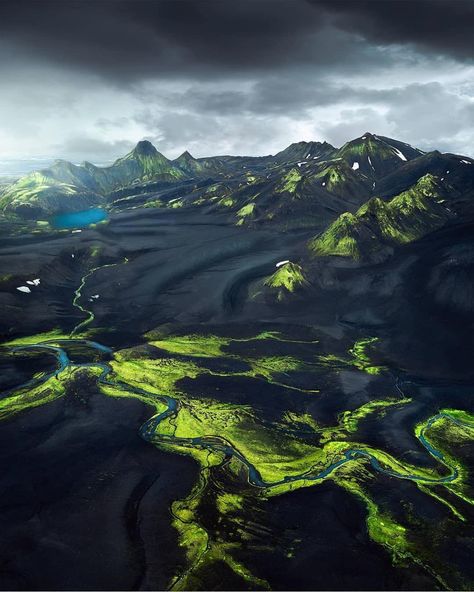 he highlands of Iceland, where black meets green. ��� Iceland Travel, Lofoten, Alam Yang Indah, Fantasy Landscape, Aerial View, Amazing Nature, The Other Side, Belle Photo, Beautiful World