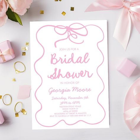 Pink Whimsical Hand Drawn Bow Bridal Shower Invitation Pink Bridal Shower Invitations, Pink Bridal Shower, Pink Bridal, Invitation Baby Shower, Bridal Shower Invitation, Matching Games, Color Calibration, Wedding Basket, Bridal Shower Invitations