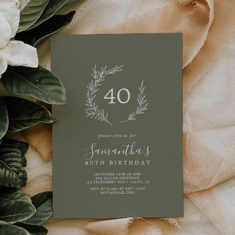 Minimal Leaf Dark Green 40Th Birthday Invitation #zazzle #weddinginvitations #birthdayinvitations #babyshowerinvitations #zazzleinvitations #monogram #businesscards #graduation #homedecor 92nd Birthday, Gold Foil Invitation, Sage Wedding, 40th Birthday Invitations, Adult Birthday Invitations, Foil Invitations, 40th Birthday Parties, Rustic Invitations, Modern Invitation