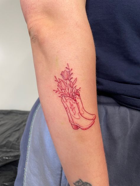 Red Ink Cowboy Boot Tattoo, Tattoo Ideas Female Bootie, Red Cowgirl Boot Tattoo, Red Cowboy Boots Tattoo, Red Cowboy Boot Tattoo, Red Tulip Tattoo, Cowgirl Boot Tattoo, Boot Tattoo, Cowboy Boot Tattoo