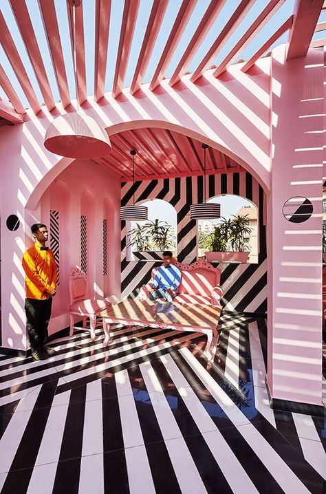 The Pink Zebra by Renesa Architecture Design Interiors Photowall Ideas, Pink Hotel, Design Online Shop, Memphis Design, Boutique Interior, Wallpaper Vintage, Black And White Stripes, Pink Zebra, Restaurant Design