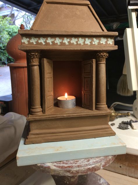 A Lararium - Roman household shrine from Herculaneum. Unfired as yet. Hellenic Altar, Ancestor Shrine, Roman Paganism, Hellenic Polytheism, Ancient Roman Houses, Roman Garden, Altar Ideas, Pompeii And Herculaneum, Roman Gods