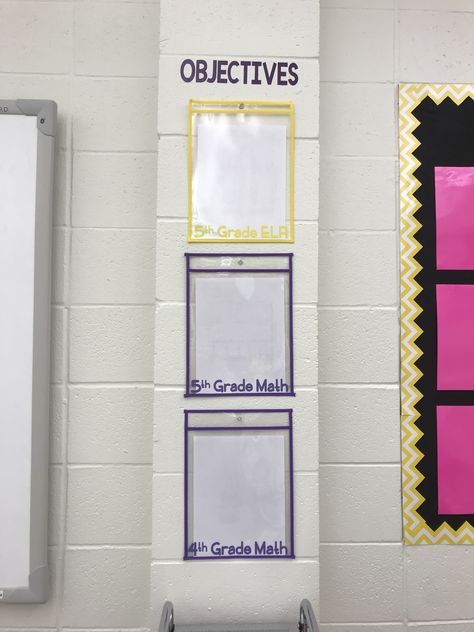 Easy way to display daily learning objectives/standards. Learning Objectives Display, Objectives Display, Elementary Spanish Classroom, Classroom Objectives, Agenda Board, Classroom Aesthetic, 2023 Classroom, Daily Objectives, Classroom Goals