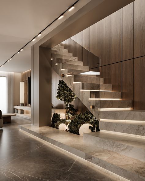 Modern Living Room With Stairs, House Stairs Modern, Stair Step Design, Marble Flooring Design Modern, Luxury Villa Interior, Staircase In Living Room, Luxurious Staircase, Stairs Modern, درابزين السلم