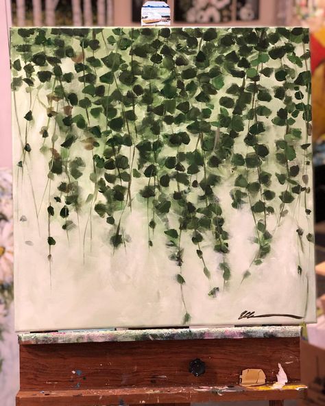 On the easel today “cascading Vines” 24”x 24” .75” acrylic on canvas . Trying out my greenery with acrylic instead of watercolor. What do… Vines Painting, Canvas Background Ideas, Painting Greenery, Scripture Painting, Vine Drawing, Canvas Background, Green Paintings, Plant Painting, Acrylic Canvas