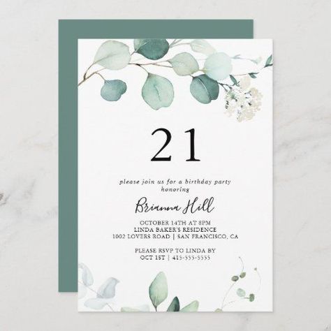 $2.51 | Summer Green Eucalyptus Leaf 21st Birthday Party Invitation #simple21bdaycelebtration #eleganttwentyfirstbirthday #calligraphymilestonebirthdayforwomen #classicfancyscripttypography #whitefloral21stbirthdayparty #eucalyptus21stbirthday #greenfoliageadultbirthday #modernillustratedtwentyone Sage Green Birthday Party Invitations, Birthday Invitations 21, 21st Birthday Template, 21 Birthday Invitations Ideas, Birthday Party Invitations For Adults, Birthday Diner, 21st Invitations, 21 Dinner, 21th Birthday