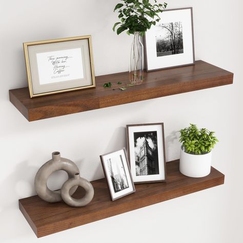 PRICES MAY VARY. SOLID WOOD SHELVES - The fuqing wood floating shelves are handcrafted and polished from lightweight solid Paulownia wood. We deliberately retain the wood texture on the surface to create a natural and warm feelings that suit your various home decorations FLOATING DESIGN - Minimalist design with a sleek look allows our wooden wall shelves to blend effortlessly into any decor. The brackets are invisible after installation, making the shelves truly "floating" on the wall MAXIMIZE W Wood Floating Shelves Bedroom, Floating Shelf Wall Living Room, Floating Shelves Design, Bedroom Shelf Decor, Tv Floating Shelves, Floating Wood Shelf, Floating Shelves Rustic, Walnut Floating Shelves, Shelf Inspiration