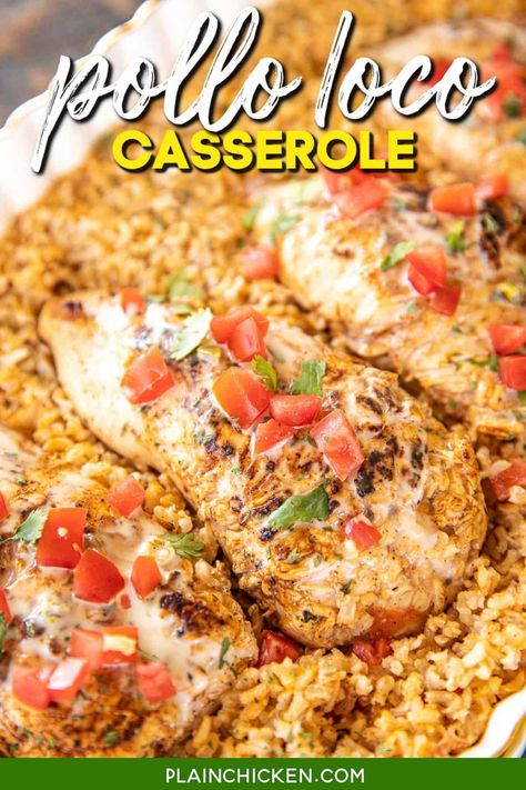 Pollo Loco Casserole - baked Mexican chicken and rice casserole. This is seriously the BEST!!! I've made this once a week for a month and can't get enough of it!!! Diced tomatoes and green chiles, cumin, chili powder, onion powder, garlic powder, chicken broth, instant brown rice, chicken breast, Lawry's Baja Chipotle marinade and white cheese dip. I wanted to lick my plate this was so good! Ready to eat in about 30 minutes! Chicken Rice Tomatoes Casserole, Mexican Chicken With Rice, Pollo Loco Chicken Recipe, Pollo Loco Recipe, Mexican Chicken And Rice Casserole, Mexican Chicken Breast Recipes, Mexican Chicken Breast, Chipotle Marinade, Mexican White Cheese Dip