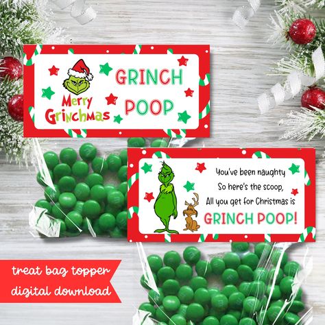 Grinch Poop Printable Bag Topper - 3 Sizes Included Great for Christmas gifts, party favors, stocking stuffers, and the classroom! INSTANT DOWNLOAD Order, download, print & enjoy!  Size: 4x4 inches (4x2 inches when folded) 5x5 inches (5x2.5 inches when folded) 6.5x6.5 inches (6x3.25 inches when folded - fits ziploc sandwich bags) File Type: PDF Instructions:  1. Print file on lightweight cardstock. 2. Cut on green lines and fold in half on light gray line.  3. Partially fill small treat bags wit Grinch Kisses Tag, Grinch Kisses, Grinch Poop, Grinch Pills, Grinch Stickers, Candy Bag Toppers, Christmas Treats Holders, Christmas Candy Bag, Christmas Treat Bags