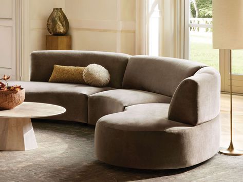 Cream Curved Sofa, Living Room With Curved Sofa, Curved Couch Living Room, Arhaus Living Room Inspiration, Modern Contemporary Sectional Sofa, Rounded Sofa, Arhaus Living Room, Curved Sofa Living Room, Curved Sectional Sofa