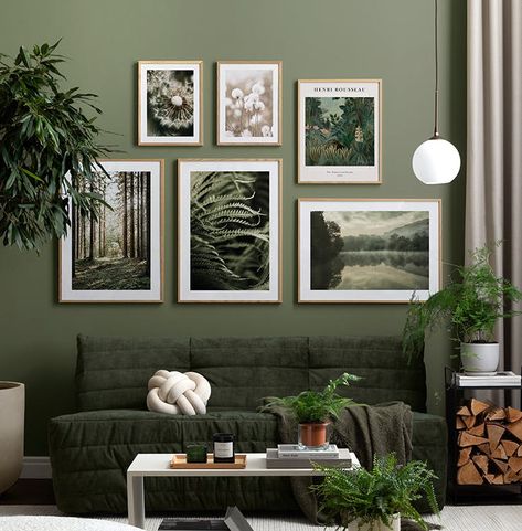 Woodland Retreat gallery wall - Green leaves and shapes - desenio.co.uk Green Sofa Living, Desenio Posters, Gallery Wall Template, Woodland Retreat, Small Gallery Wall, Large Gallery Wall, Cosy Home, Stylish Wall Art, Nordic Interior