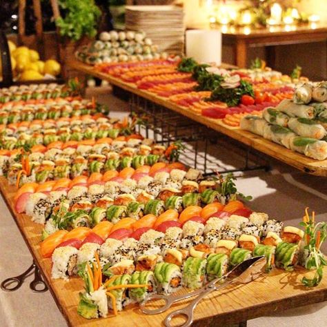 749 Likes, 52 Comments - Lyndi Cohen (@nude_nutritionist) on Instagram: “There was sushi for days at my engagement party last week!!!  the menu was seasonal and fresh! We…” Sushi Catering, Sushi Buffet, Cibo Asiatico, Sushi Love, Sushi Platter, Sushi Party, Party Food Platters, Wedding Buffet, Läcker Mat