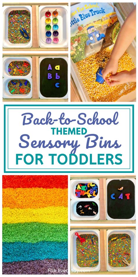 More fabulous ideas for sensory bins for toddlers! In this article, we are sharing back to school sensory bin ideas, including lots of educational sensory bin toddler activities to support what classroom learning, how to dye rice for sensory play, and how to color pasta for a sensory table base. This article is full of great DIY sensory table ideas and sensory games, so be sure to bookmark it to come back to later. Click or visit FabEveryday.com for all the fall sensory bins for toddlers. September Sensory Table Ideas, Sensory Table Kindergarten, Beginning Of The Year Sensory Table, August Sensory Bin Preschool, 2nd Grade Sensory Bins, Back To School Sensory Bin Toddlers, Prek Sensory Table Ideas, Beginning Of School Sensory Bin, Sensory Bins Back To School