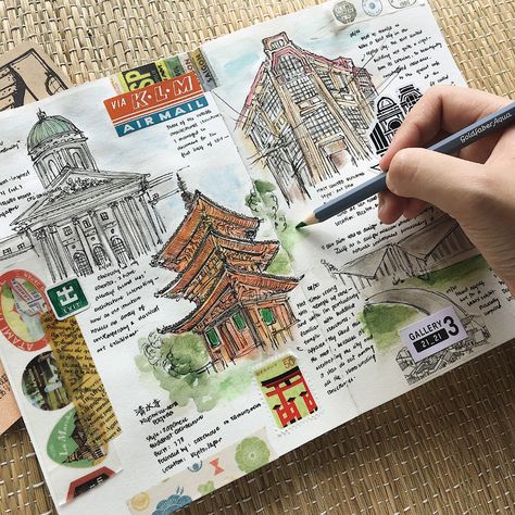 Voyage Sketchbook, Abbey Sy, Sketchbook Architecture, Architecture Journal, Kunstjournal Inspiration, Travel Journal Scrapbook, Album Journal, Travel Art Journal, Gcse Art Sketchbook