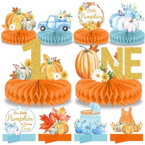 PRICES MAY VARY. Package Includes: You will get A Little Pumpkin is On The Way honeycomb centerpiece set with 10pcs of Little Pumpkin 1st Birthday honeycomb centerpiece cards, 4pcs of cross bases and 12pcs of honeycomb centerpiece bases in blue, enough quantity to meet Autumn Fall 1st birthday party decoration needs. Hit for birthday party decor: Our Little Pumpkin 1st honeycomb centerpiece table toppers are exquisitely designed featuring vibrant and vivid Little Pumpkin themed patterns, such as Fall Theme First Birthday Boy, First Birthday Table Centerpieces, Fall First Birthday Boy, Pumpkin Themed First Birthday, Birthday Table Centerpieces, Pumpkin 1st Birthday Party, Thanksgiving Table Toppers, Little Pumpkin First Birthday, First Birthday Centerpieces