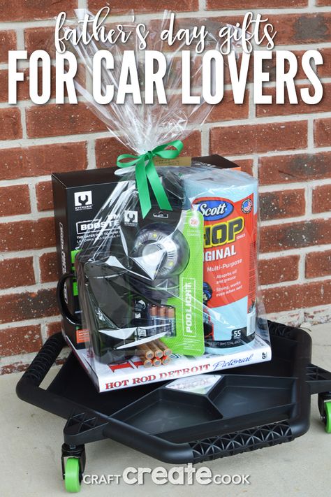 We have the perfect Father's Day Gifts for Car Lovers and a unique way to package these fun gifts. Gift Ideas For Car Lovers, Mechanic Boyfriend, Gifts For Car Guys, Gifts For Car Lovers, Fathers Day Gift Basket, Gifts For New Drivers, Manly Things, Raffle Basket, Car Accessory Gifts