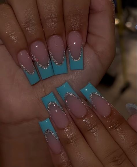 Aqua French Tips, Aquamarine Nails Acrylic Design, Tiffany Blue French Tip Nails, Aquamarine French Tip Nails, Aquamarine Nails Acrylic, Track Nails, March Nail, Color Tiffany, Ombre French Nails