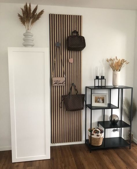 WoodUpp_com’s Instagram post: “You can easily mount coat hooks on the Akupanel to use it as wardrobe 😉⁠ ⁠ Colour: Akupanel Classic Oak (Black Felt). Link in Bio!⁠ ⁠…” Wooden Walls Living Room, Wardrobe Colour, Hallway Decor, Decoration Inspiration, Room Remodeling, Acoustic Panels, Living Room Inspo, Black Felt, Coat Hooks