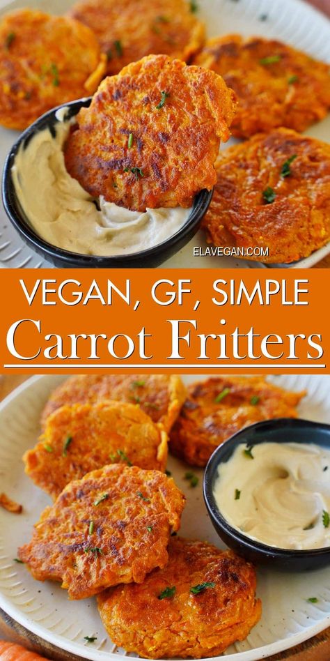 These carrot fritters are crispy outside, tender inside, and perfectly spiced for heaps of flavor! A light yet hearty gluten-free, vegan appetizer, side dish, or light main! #carrotfitters #veganomelette #veganrecipes #carrotrecipes #elasrecipes | elavegan.com