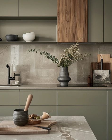 Color Pallet Kitchen, Interior Design Kitchen Green, Green Scandinavian Kitchen, Sage Green Website Design, Sage Color Kitchen, Kitchen Design Sage Green, Modern Green Kitchen Design, Kitchen Color Pallet Ideas, Green Paint Kitchen