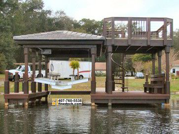 New Two Story Dock With Hip Roof Over a Boat Slip, Maitland FL. craftsman Boathouse Design, Dock House, Roofing Design, Lake Dock, Lakefront Living, Lakefront Property, Diy Boat, Boat Slip, Roof Architecture