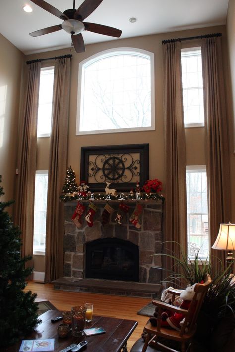 Inside the front of the home - style and placement of cathedral windows Two Story Fireplace, Family Room Curtains, High Ceiling Living Room, Cathedral Windows, Foyer Decorating, House Window, Window Room, Living Room Windows, House Windows