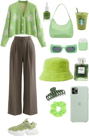 Stylish Outfits Green, Light Green Outfit Ideas, Emerald Green Clothes Aesthetic, Green School Outfits, Avocado Green Outfit, Cute Green Outfits Aesthetic, Korean Green Outfit, Green Style Aesthetic, Matcha Green Outfit