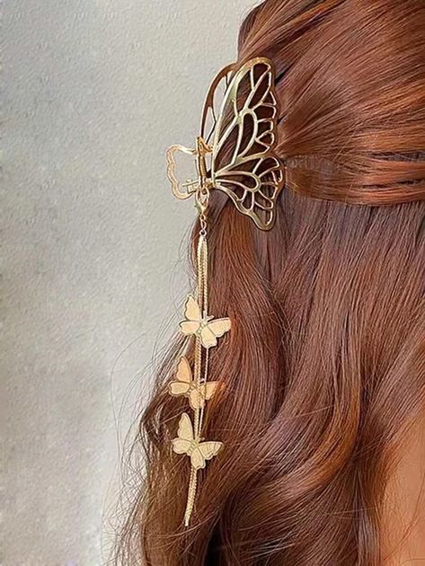 Gold Butterfly Hair Clips Hairstyles, Vison Bored, Greek Outfit, Hair Clips Hairstyles, Butterfly Hairstyle, Giant Butterfly, Butterfly Hair Claw, Gold Formal Dress, Halloween Things