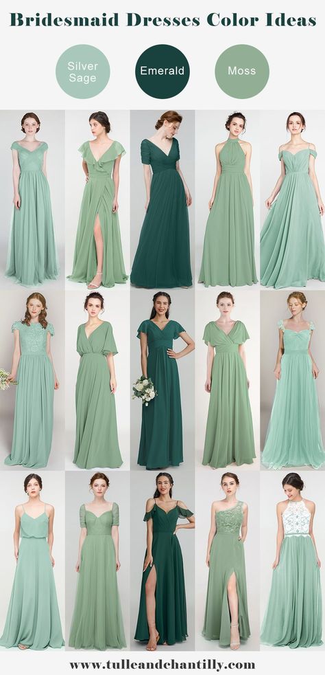 Mix & match Silver Sage，Moss，Emerald bridesmaid dresses online for trending wedding color ideas Wedding Palettes, Wedding Color Ideas, Glitter Rose Gold, Bridesmaid Dress Collection, Wedding Color Trends, Custom Bridesmaid Dress, Wedding Color Inspiration, Bridesmaid Dress Styles, Wedding Palette