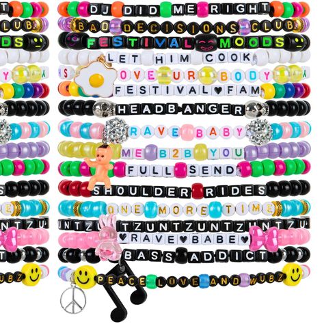 PRICES MAY VARY. NEW FOR 2024: new words, phrases, colors, and designs including glow in the dark beads, and cute charms SAVE TIME: pre-made bracelets allow you to go b2b all season without ever running out of kandi CELEBRATE PLUR: trading kandi at raves and festivals makes exciting moments unforgettable! Whether it's EDC, Ultra, Electric Forest, Coachella, or your favorite artist’s tour in your hometown, you’ll be ready for every event. AUTHENTIC & UNIQUE: true to EDM culture and rave tradition Kandy Ideas Rave, Bracelet Ideas With Charms, Kandi Braclet Ideas, Rave Kandi Bracelets Ideas, Rave Bracelets Ideas, Rave Candy Bracelets Ideas, Festival Trinkets, Kandi Phrases, Kandi Bracelets Ideas