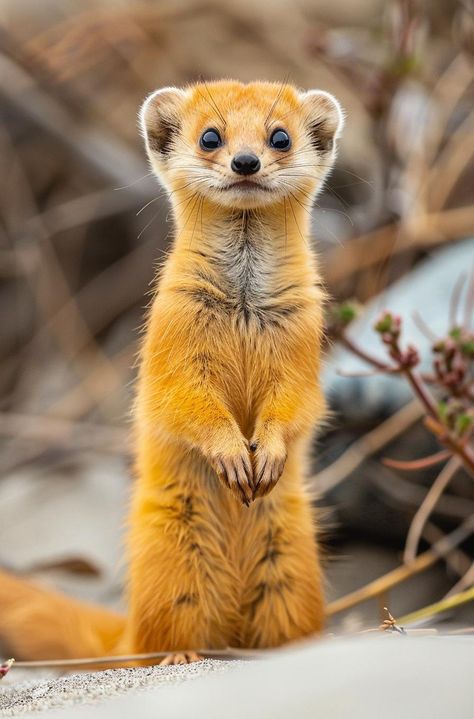 Adorable yellow-skinned weasel in natural habitat standing upright amidst blurred foliage background. Amazing Animal Photography, Beautiful Rare Animals, Animal Refrence Pictures, Animal Reference Photos For Drawing, Animal List, Foliage Background, Amazon Animals, Zoo Pictures, Cool Animals