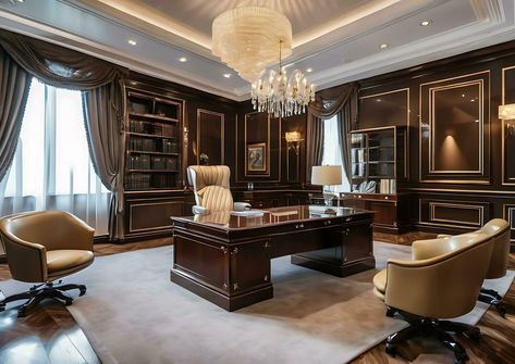 Luxury Office and Working Room in Executive Office AI Generated Old Money Office Design, Mansion Office Room, Classic Office Design Luxury, Mansion Office, Luxury Home Office Design, Ceo Office Design Luxury Modern, Ceo Office Design Luxury, Rich Office, Executive Office Design Interior