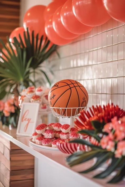 Slam Dunk Basketball Party Ideas for Fans Pink Basketball Party Ideas, Pink Basketball Birthday Party, Basketball Bachelorette Party, Basketball Party Ideas, Basketball Party Food, Ring Dunk, Basketball Party Decorations, Dunk Basketball