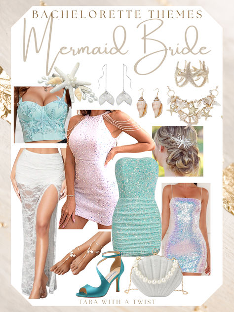 Bridal outfits perfect for a Mermaid-themed bachelorette, or “Bride’s Last Splash”! Chic & elegant bride to be accessories and outfits for a mermaid theme - everything is linked! Be sure to check out my Bachelorette Board for more bachelorette themed inspo! Bachelorette party themes. Bachelorette party outfits. Bachelorette Party Accessories For The Bride, Mermaid Theme Bachelorette Party Outfits, Mermaid Theme Party Outfit Adult, Mermaid Bachelorette Party Outfit, Mermaid Theme Bachelorette Party, Last Splash Bachelorette Party, Mermaid Bachelorette Party, Last Splash, Mermaid Bachelorette