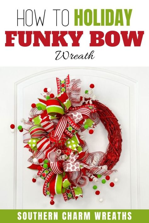 Learn how to make my holiday funky bow wreath! This design is made with whimsical accents like patterned ribbons and holiday picks. How To Make A Ribbon Wreath, Making Bows For Wreaths, Bottle Bouquet, Ribbon Wreath Diy, Funky Bow, Deco Mesh Wreaths Diy, Homemade Bows, Holiday Picks, Bow Wreath