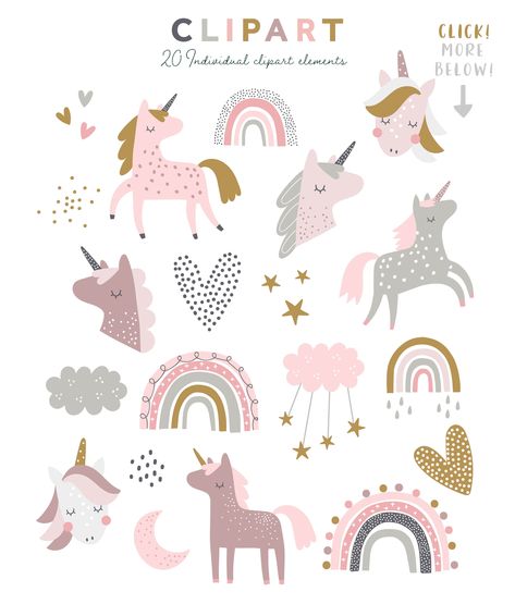 Unicorn Clipart Patterns by dottyink on @creativemarket Rainbow Unicorn Illustration, Unicorn Cute Illustration, Unicorn Cute Drawing, Unicorns Drawing, Unicorns Stickers, Unicorns Art, Boho Unicorn, Unicorn Clip Art, Unicorn Vector