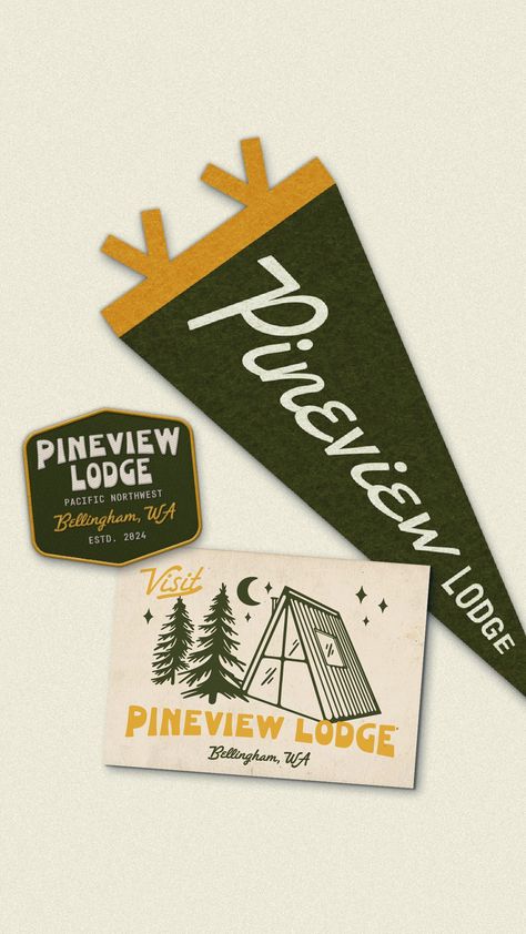 Pineview Lodge — Branding & Graphic Design | Blue River Studio Outdoor Brand Design, Summer Camp Branding, Camp Graphic Design, Camping Branding, Outdoorsy Branding, Rustic Graphic Design, Camp Signage, Outdoor Graphic Design, Outdoorsy Design