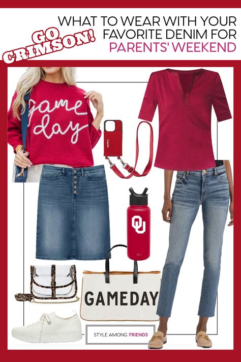 Excited to hit the road and visit your college student? Trying to decide what outfit to sport while exploring campus or attending a football game? We’re here to help! Take a look at our latest blog post featuring 8 stylish color combinations perfect for game day outfits. All approved by over 50 moms! Dads, we’ve got options for you too! Cheers to the team! #gameday #parentsweekend #collegefootball #fashionover50 Red And Black Football Game Outfits, Sec Football Game Day Outfit, College Parents Weekend, Mom Game Day Outfit, Football Mom Outfit, College Football Game Outfit, Summer Workout Outfits, Games For Moms, Nfl Football Games