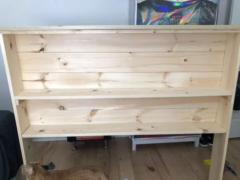 My Tongue and Groove Bookcase Headboard | Hometalk Diy Storage Headboard, Bedroom Dresser Ideas, Build A Headboard, Diy Wood Headboard, Bookshelf Headboard, Simple Bed Frame, Simple Headboard, Were Moving, Cube Storage Shelves