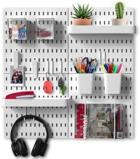 BeyondNovelties Pegboard Wall Organizer, Peg Board set Containing Pegboard x4 and 16 Accessories, Peg Boards for Walls, Office Wall Organizer, Keys Holder on Wall, Office Storage, 22"x22" White Pegboard, Hanging Wall Organizer, Peg Boards, Pegboard Organization, Pegboard Accessories, Wall Hanging Storage, Wall Shelf Decor, Wall Organizer, Nursery Storage