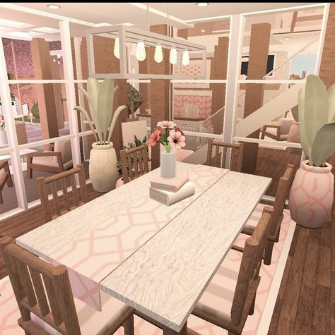 Bloc Burg Dining Room, Cute Bloxburg Dining Room, Bloxburg Dining Area Ideas, Dining Room Ideas Aesthetic, Bloxburg Dining Ideas, Dining Table Bloxburg, Dining Room Bloxburg Ideas, Bloxburg Dining Table, Bloxburg Dinner Room Ideas