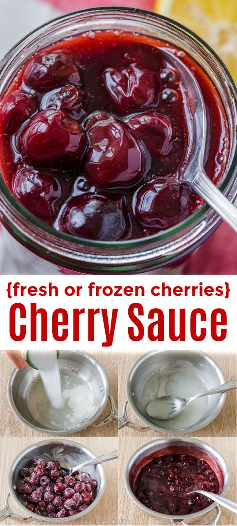 This homemade Cherry Sauce is loaded with sweet juicy cherries. Quick and easy to make, we love serving this cherry topping on Cheesecake, pancakes, waffles, vanilla ice cream, and pound cake. Cherry Sauce tastes like the filling for Cherry Pie. Cherry Topping For Cheesecake, Homemade Cherry Sauce, Cherry Sauce Recipe, Walmart Valentines, Remodel Garage, Cheesecake Pancakes, Cake Cherry, Cherry Topping, Boys Valentines