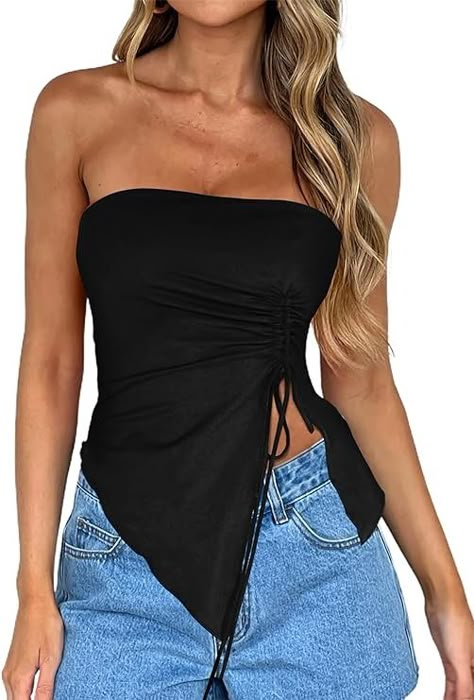 Amazon.com: CSDAJIO Women's Drawstring Ruched Side Asymmetrical Hem Tube Top Strapless Crop Top Going Out Shirt : Sports & Outdoors Top Frunce, Top Strapless, Going Out Shirts, Strapless Crop Top, Women Halter, Floral Sleeve, Asymmetrical Hem, Y2k Fashion, Outdoor Woman