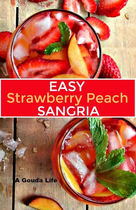 Brandy Sangria, Strawberry Peach Sangria, Peach Sangria Recipe, Peach Sangria Recipes, Batch Cocktail Recipe, Strawberry Sangria, Berry Sangria, Strawberry Cocktails, Easy Summer Cocktails